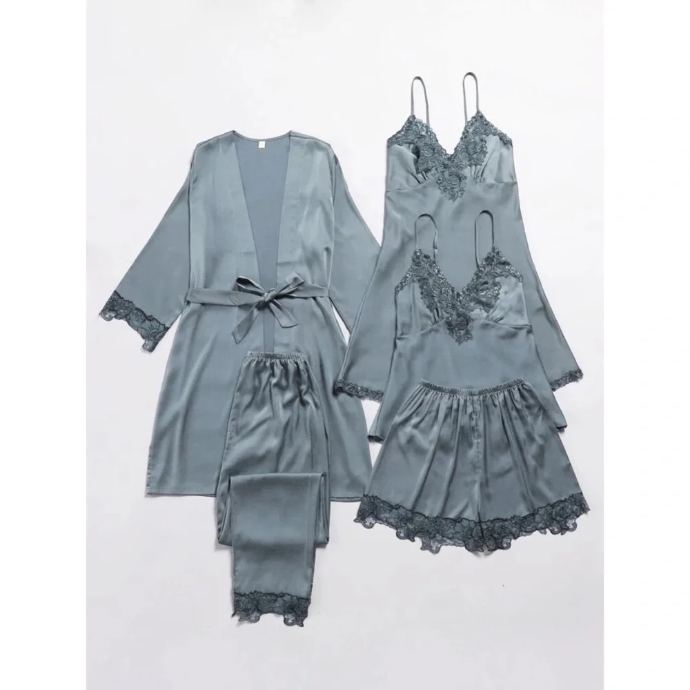 Fefi 5pcs Satin Contrast Lace Belted Night Set - Picture 3 of 6